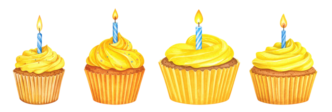 Delicious yellow cupcakes with blue candles for a festive celebration.