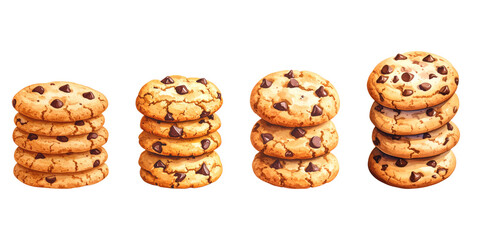 Delicious chocolate chip cookies stacked in various heights on a clean background.