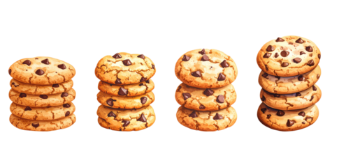 Delicious chocolate chip cookies stacked in various heights on a clean background.