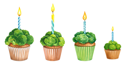 Colorful cupcakes topped with broccoli and candles, perfect for a whimsical celebration.