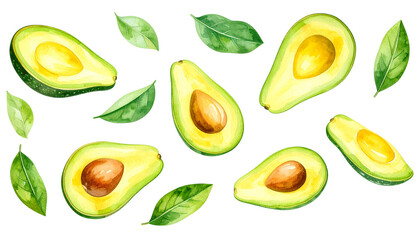 Colorful avocados and green leaves arranged artistically on a white background.