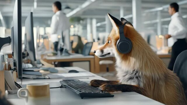 Fuchs mit Headset am Schreibtisch im Callcenter. K&uuml;nstliche Intelligenz KI