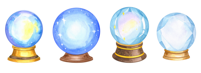 A collection of mystical crystal balls in various sizes and colors, shining and enchanting.