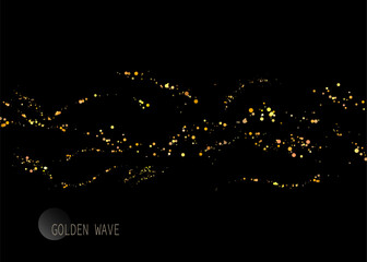 Isolated design component, chaotic golden glittering tinsel on black background.