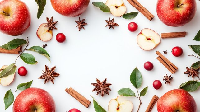 Red apples, cinnamon sticks, star anise, and cranberries arranged in a frame on a white background - Powered by Adobe