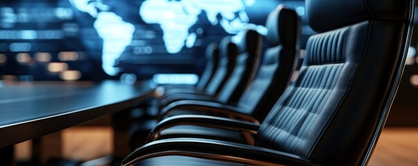 Empty boardroom with global map background symbolizes decision making
