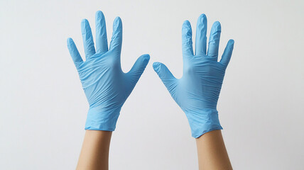 Obraz premium hands in blue rubber gloves on a white background