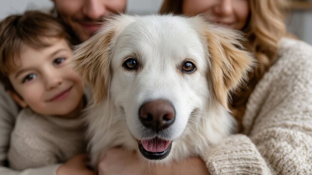 A woman and two children are hugging a dog - Powered by Adobe