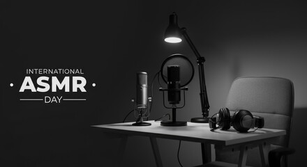 A minimalist workspace for ASMR recording is shown. A microphone and headphones sit on a desk under a lamp. The environment is dark, enhancing focus on the equipment.