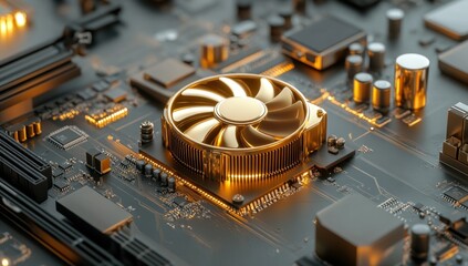 Close up of a golden CPU cooler on a modern motherboard, symbolizing technology