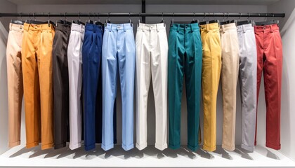 Row of colorful pants hanging
