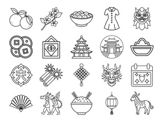 Chinese New Year Icons Set Line Art Style Black and White Lunar New Year Symbols Collection Oranges Coins Dragon Lantern Temple
