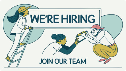 Illustration of were hiring join our team illustration featuring three people