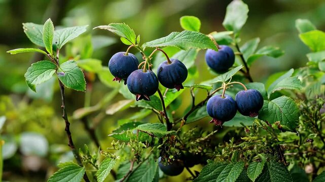Wild bilberries thrive in lush forest setting under natural sunlight, Wild Bilberries (Vaccinium myrtillus) in the forest