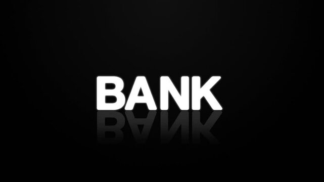 animated jumping or bouncing ball BANK text word lettering typography glow neon reveal, Bright letters jump in the inscription finance theme video,motion seamless loop white type on black background