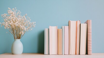Elegant arrangement of pastel books and delicate flowers on a blue background