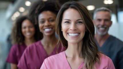 A group of people are smiling and wearing pink scrubs
