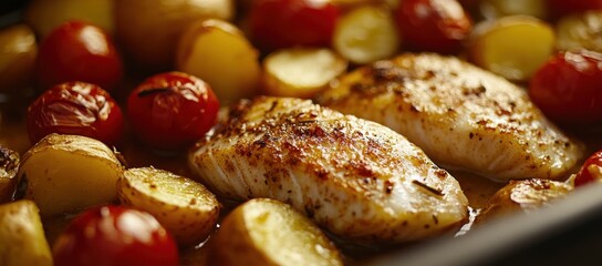 Roasted chicken breast with potatoes and tomatoes, a healthy and delicious meal preparation concept