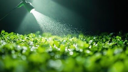Watering lush green plants in a dark field with a spray nozzle for growth