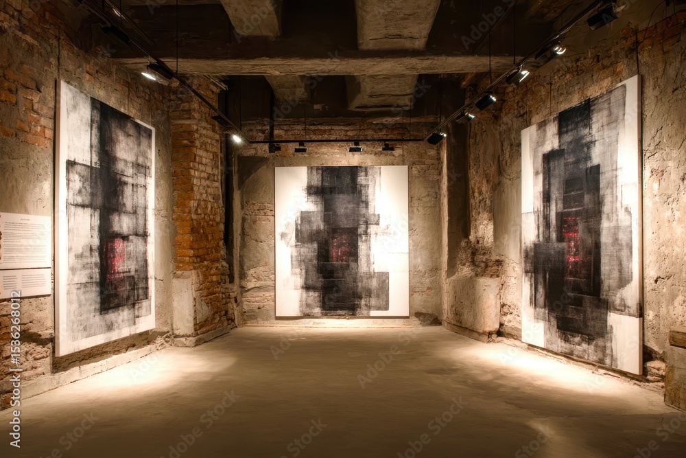 Poster three paintings are on display in a room with a white wall