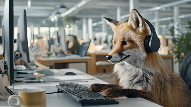 Fuchs mit Headset am Schreibtisch im Callcenter. K&uuml;nstliche Intelligenz KI
