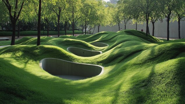 Lush grassy mounds, sculpted landscape, concrete hollows.  Sunlight filters through trees