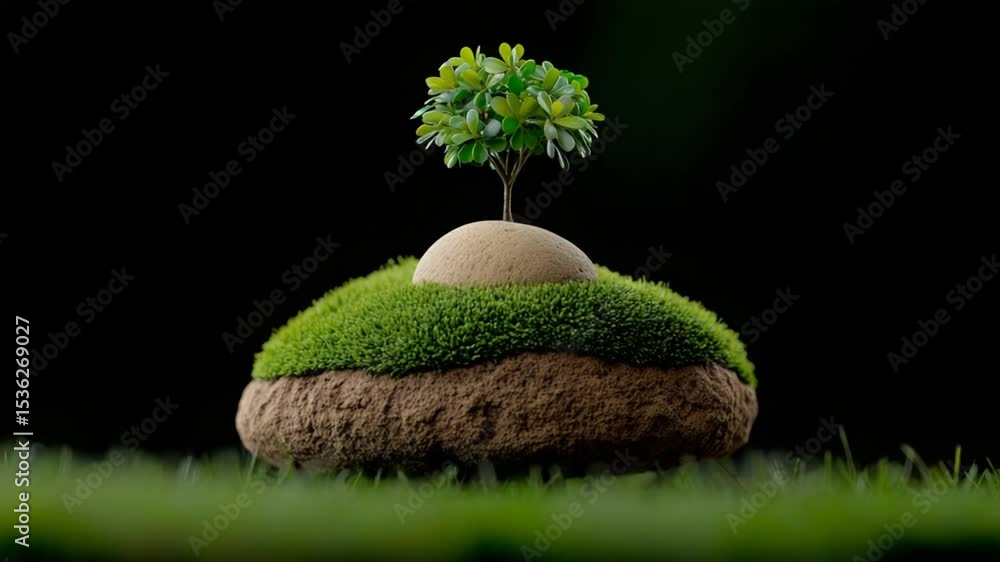 Poster miniature ecosystem: a serene view of a miniature ecosystem features a tiny tree flourishing atop a 