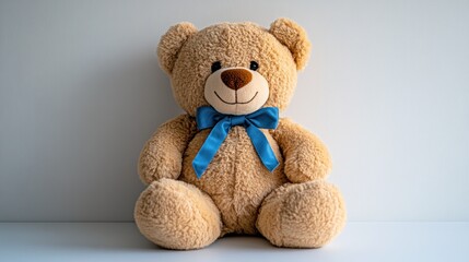 Obraz premium Beige teddy bear with blue bow