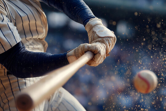 A baseball player swings a bat at a ball. The batter is wearing a white glove. The ball is in the air and the batter is about to hit it