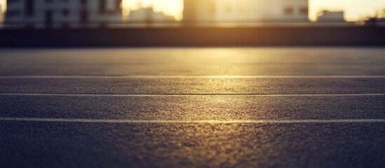 Evening light on rooftop running track, city buildings blurred in the background