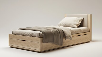 Minimalist single wooden bed with beige bedding, pillow, and cozy blanket against a plain neutral background.