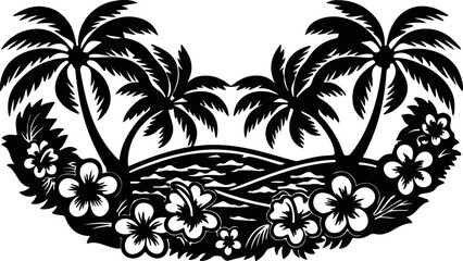 Tropical Paradise Silhouette with Palm Trees, Flowers, and Ocean Waves Creating a Serene and Exotic Vacation Ambiance