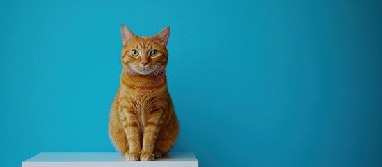 Ginger tabby cat sitting against a vibrant blue studio backdrop showcasing its striking orange fur and charming demeanor, providing ample copy space