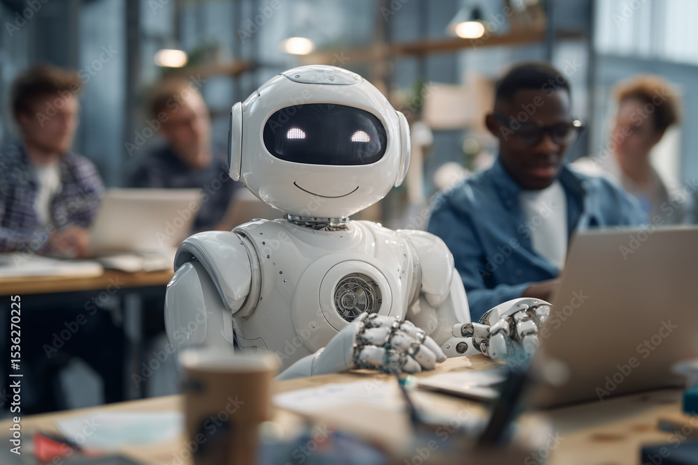 Poster a robot is sitting at a desk with a laptop and a cup of coffee. the robot is smiling and he is happy