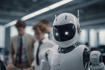 Fototapeta premium A robot is standing in front of a group of people. The robot is white and has a pair of large eyes. The people are standing behind the robot, and there is a tie on one of them