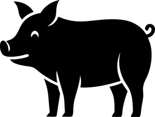 Happy pink pig with black spots lying in mud puddle, smiling with big eyes and curled tail. Groovy cartoon doodle style. Farm animal illustration for kids design and farm content. Vector illustration.