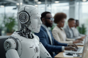 Fototapeta premium A robot is sitting at a desk with a group of people. The robot is white and has a human face. The people are all dressed in business attire and are working on their laptops