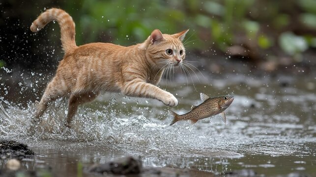 Ginger cat leaps in a shallow stream chasing a fish