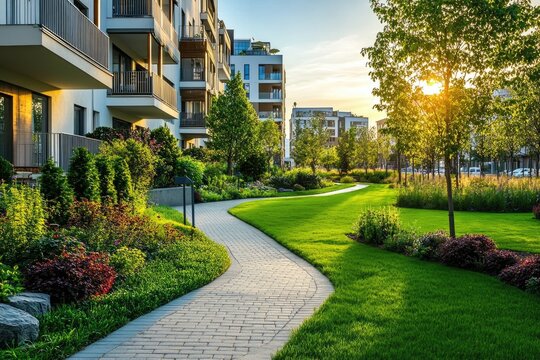 Modern apartment complex with landscaped pathways and green spaces at sunset