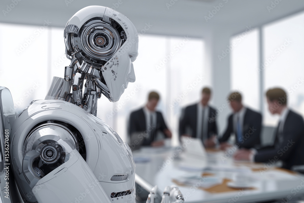 Aufkleber a robot is sitting at a table with a group of people in suits. the robot is looking at the camera, a