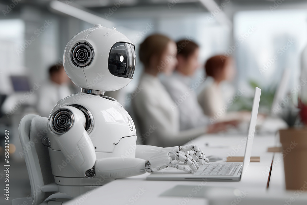 Poster a robot is sitting at a desk with a laptop in front of it. the robot is wearing a white suit and he 