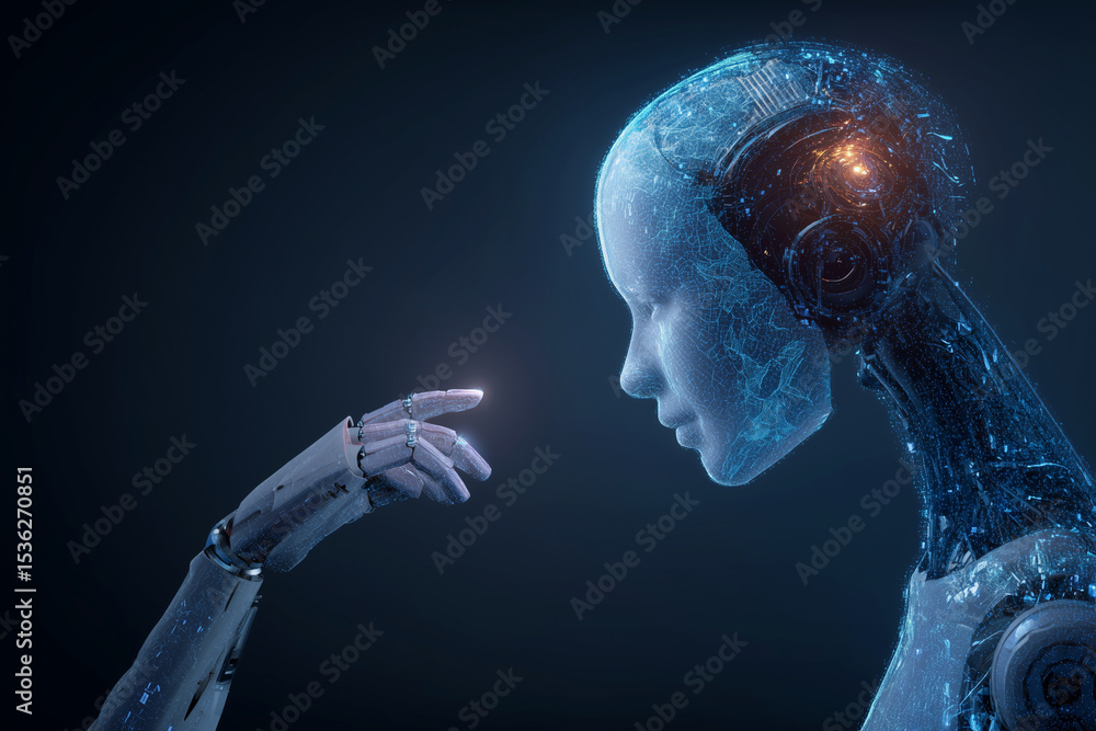 Aufkleber a robot with a human face is touching a human hand. the robot is blue and the hand is white. concept
