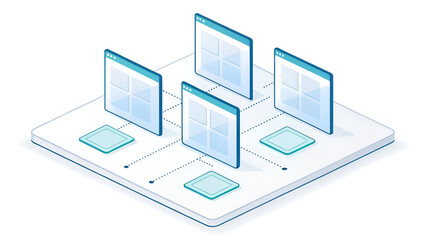 Isometric glass acrylic rectangular frames floating freely on bright white base with subtle shadows, clean tech blueprint design, futuristic data structure visualization, minimal modern layout

