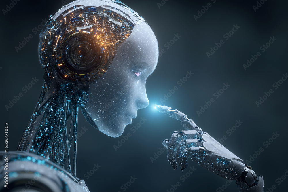 Poster a robot with a face and hands that are touching each other. the robot is made of wires and has a fut