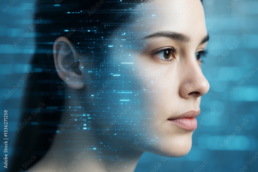 Poster close-up profile of a young woman with digital light effects across face on futuristic blue abstract