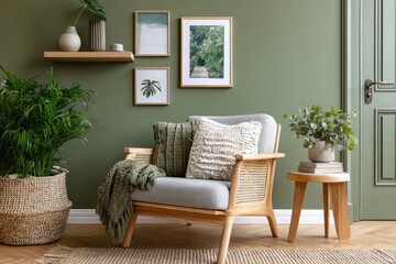 Minimalist green living room interior with a rattan armchair, a wooden side table, and art frames on the wall.