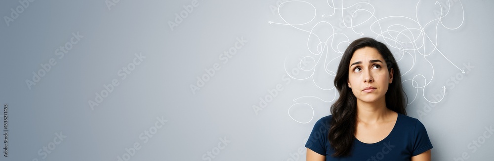 Poster thoughtful woman with confused expression and chaotic arrows above head on gray background with copy