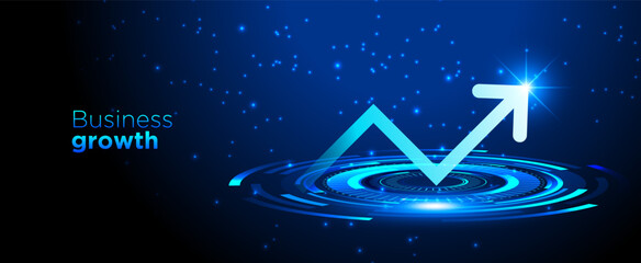 Business growth with up arrow and business analysis graph on dark blue technology background with modern light effect rings for presentation