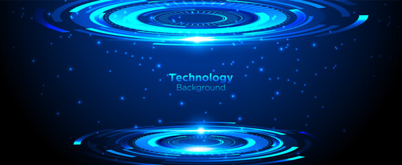 Futuristic dark blue communication and connection ring technology background with neon light effect for banner, presentation illustration.