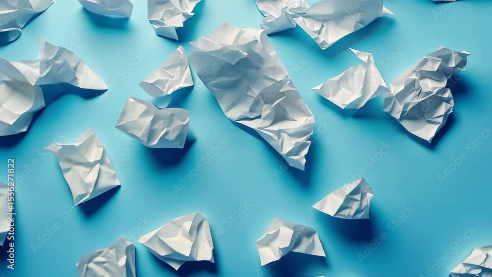 Aufkleber crumpled paper scattered on a blue background in a playful stop motion animation sequence, stop moti